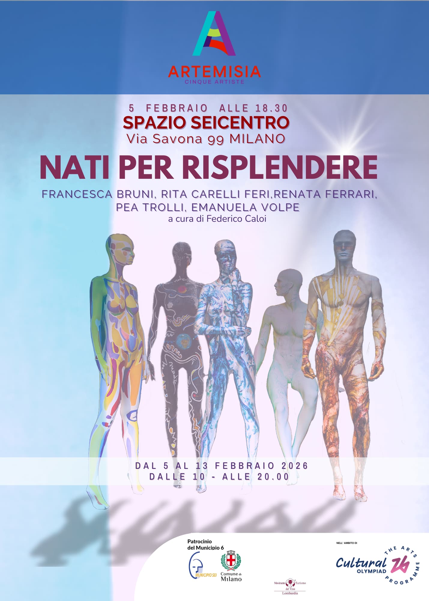 Colorful painted figures represent the event 'Nati per Risplendere' in Milan, showcasing art and Olympic values.