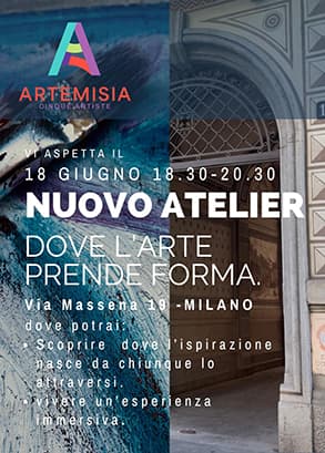 Poster for new art atelier in Milan with details and artistic design elements.