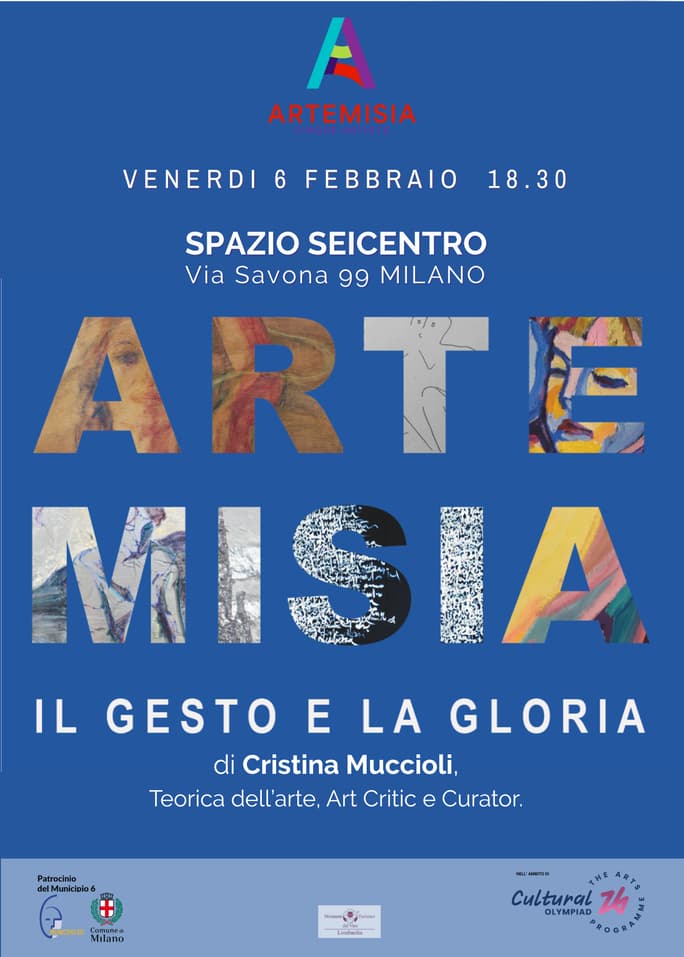 Promotional poster for the event 'Artemisia il gesto e la gloria' featuring artistic elements and text.