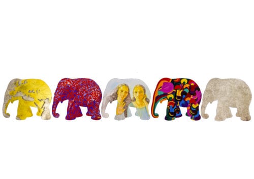 ELEPHANTOTEM LIGHT installazione 3 - Artemisia Five artistic elephant silhouettes in various colors and patterns.