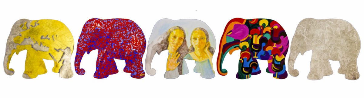 L' ARTE FA VOLARE GLI ELEFANTI 2 - Artemisia Five artistic elephant silhouettes in various colors and patterns.