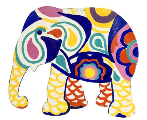 L' ARTE FA VOLARE GLI ELEFANTI 3 - Artemisia Colorful painted elephant silhouette with intricate patterns and designs.